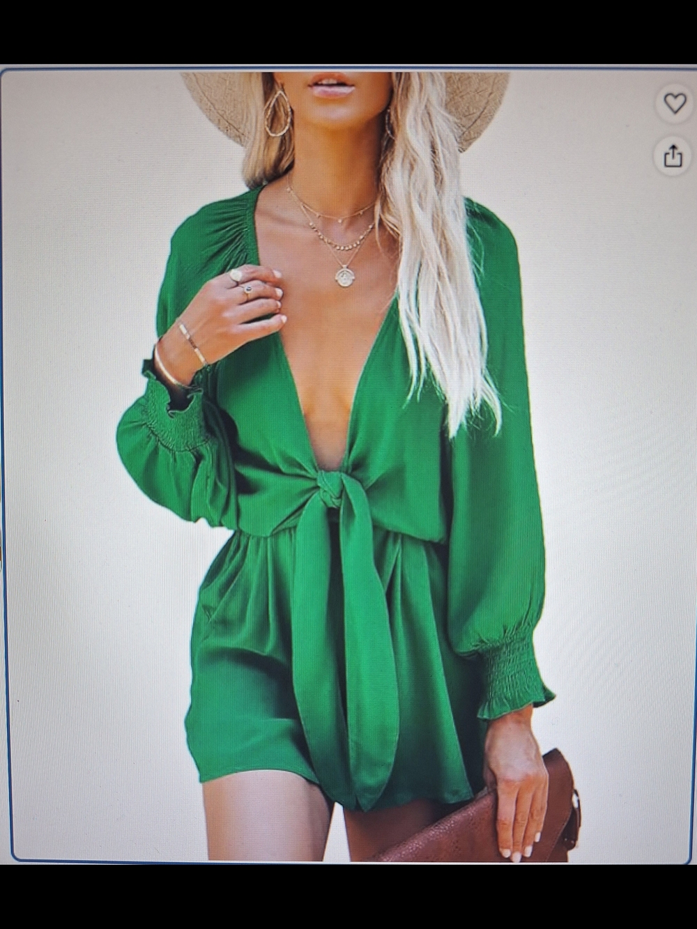 Green Tie-Front Long Sleeve Romper